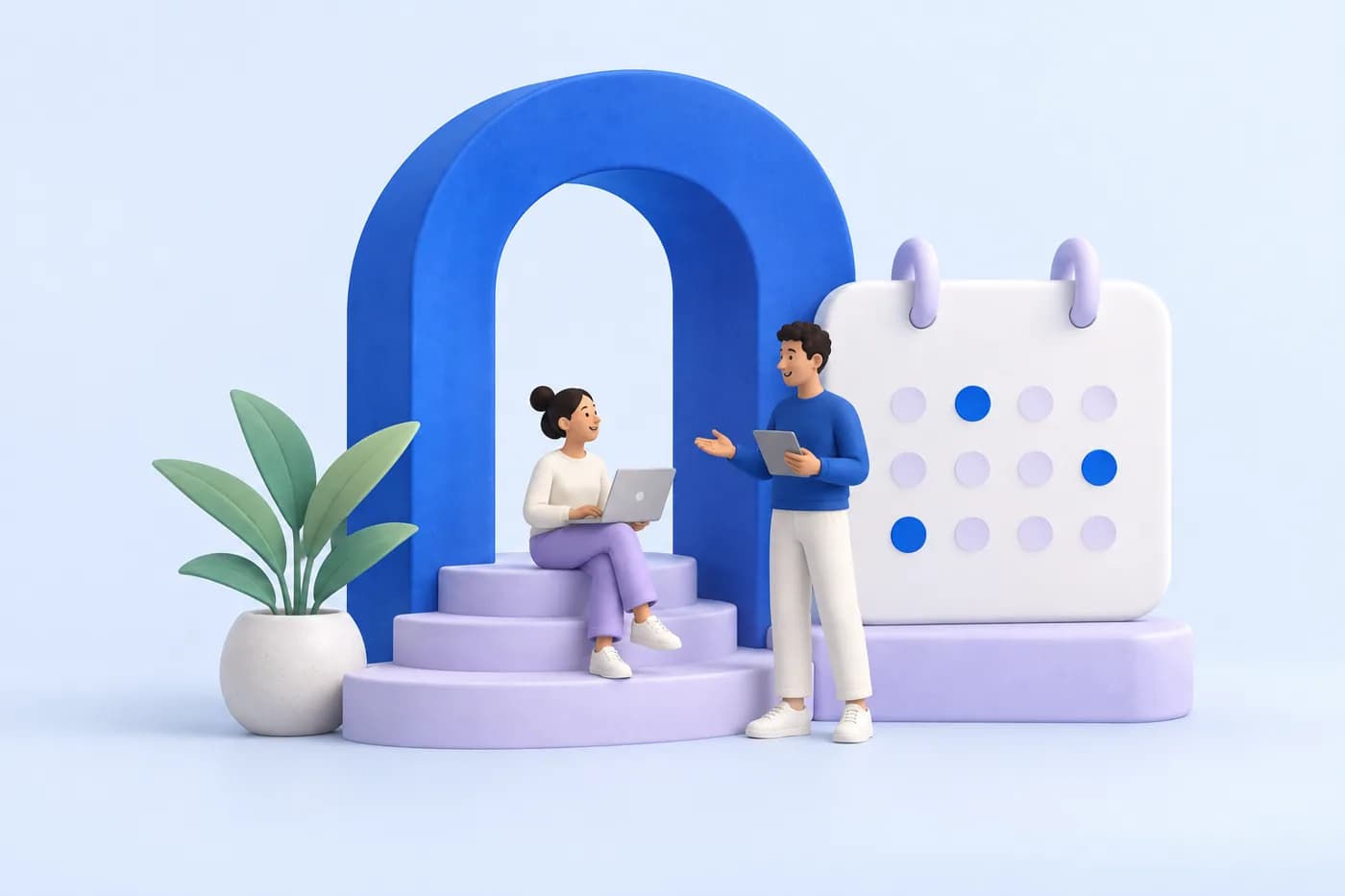 Two colleagues working together beside a calendar — Circlz illustration